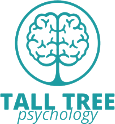 A logo with a stylized tree whose branches resemble a human brain, encircled above the words “TALL TREE psychology” in teal letters.
